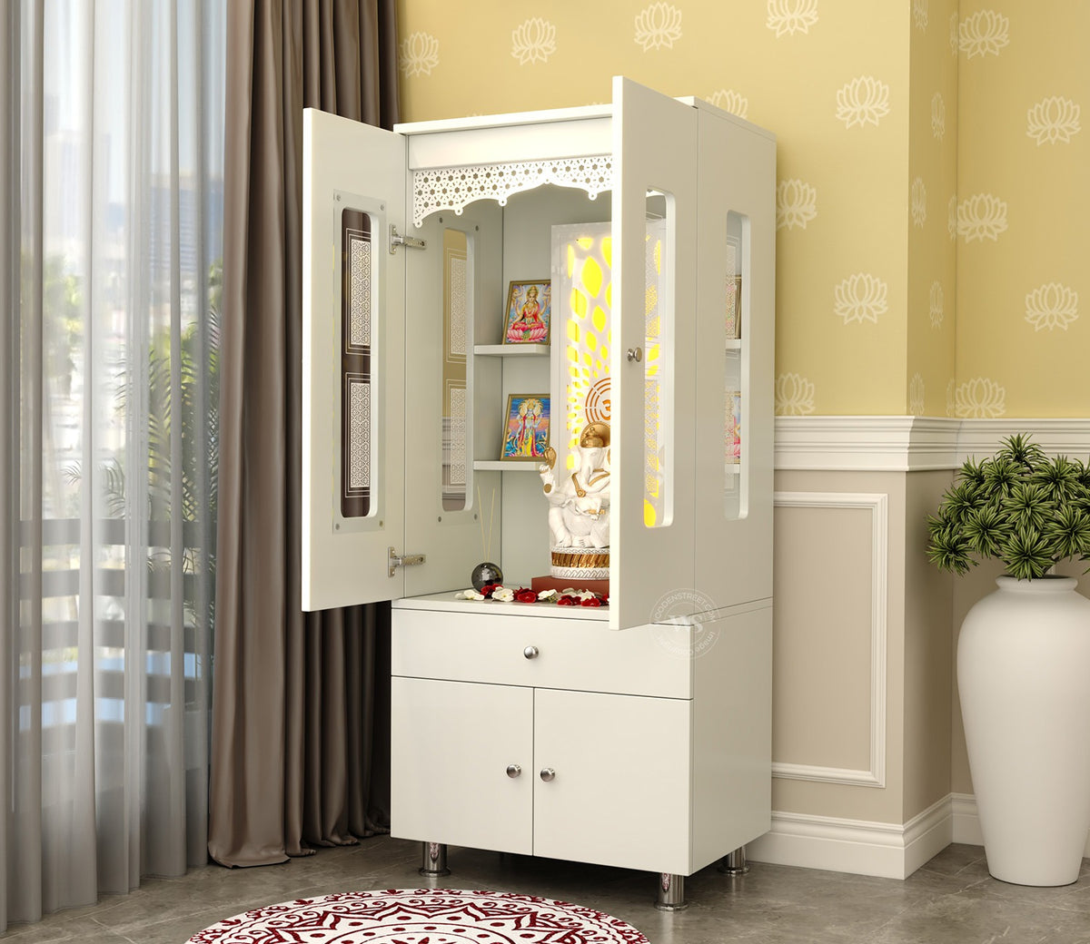 Atharv Engineered Wood Home Temple With Inbuilt LED Light System (White Finish)