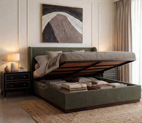 Adhiraj Luxurious Fabric Hydraulic Storage Bed with Plush Wingback Headboard (King Size, Sage Green)