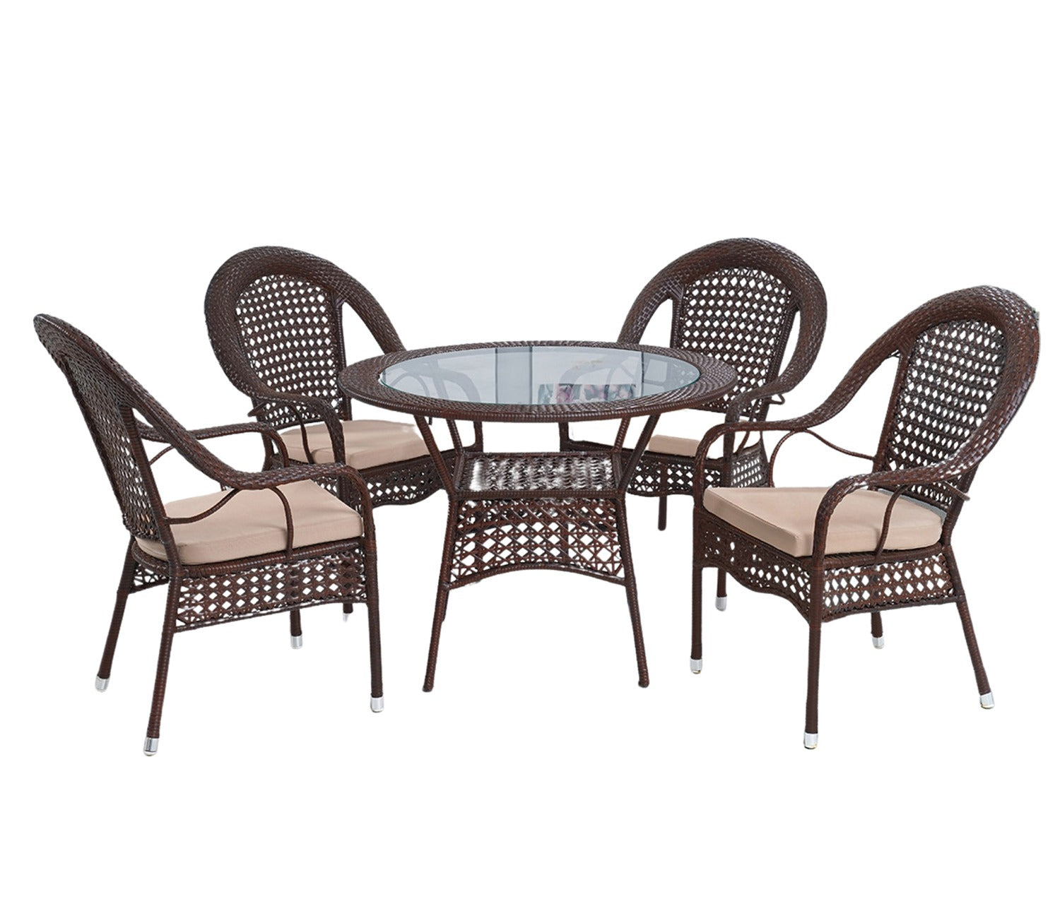 Wicker And Rattan 4 Seater Dining Set With Cream Cushions (Dark Brown)
