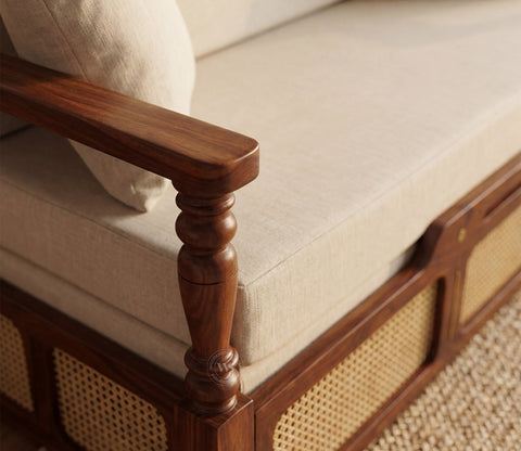 Ayaana Sheesham Wood 3 Seater Sofa Cum Bed with Cane Weaving | Opens to Double Bed (78x62) | Premium Upholstery | Sleeps 2 Adults (Teak Finish, Jade Ivory)