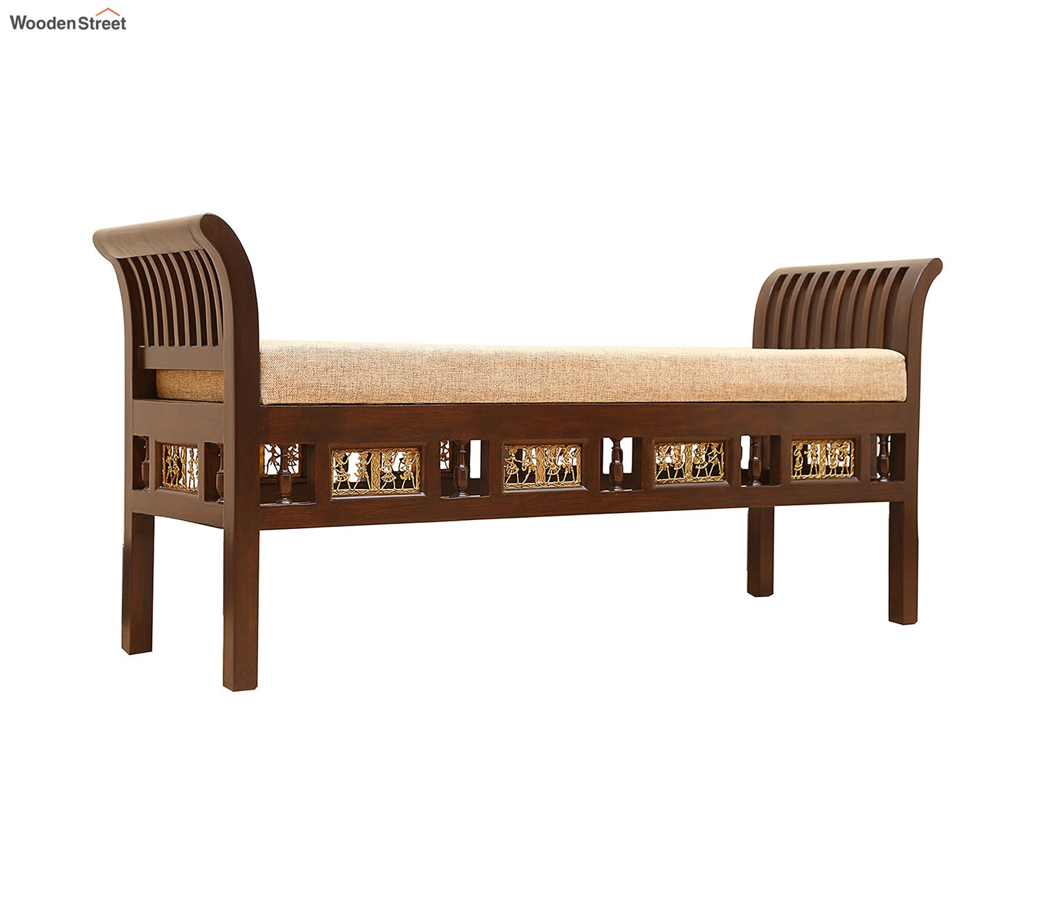 Myla-III Ottoman Cushioned Double Seater with Striped Wood Pattern in Walnut Finish