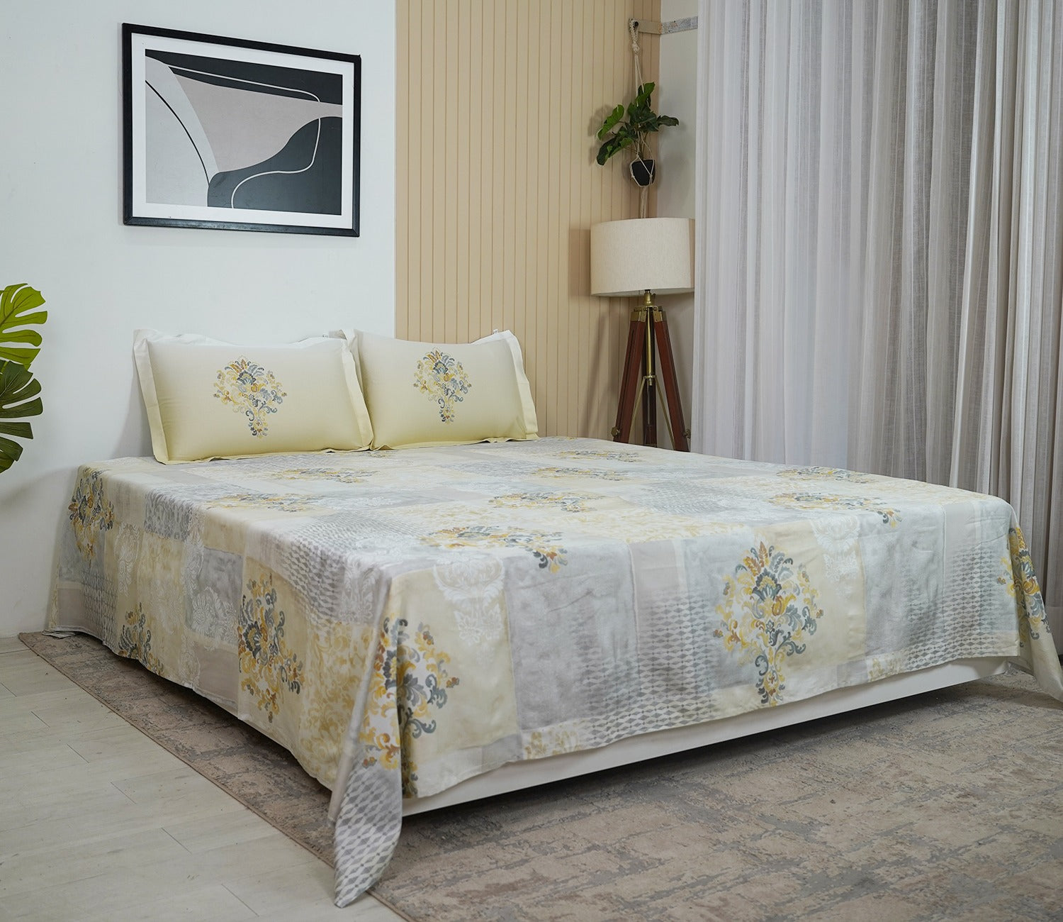 Grid Planters 300 TC Flat Pure Cotton King Size Bedsheet With 2 Pillow Covers (Grey)