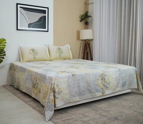 Grid Planters 300 TC Flat Pure Cotton King Size Bedsheet With 2 Pillow Covers (Grey)