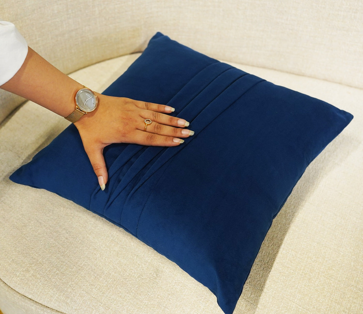 Caro Velvet Pleated Cushion Cover - Pack of 1 (16 x 16 Inch, Indigo Blue)