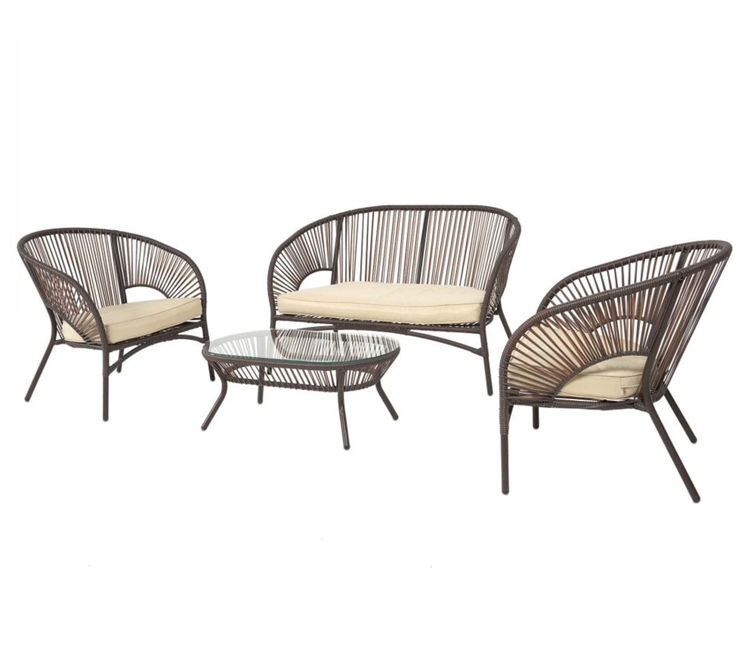 Dark Brown Rope 4 Seater Sofa Set With Table And Cream Cushions