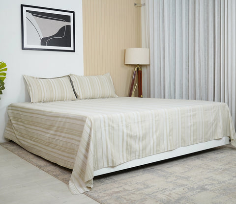 Thin Stripe 290 TC Flat Pure Cotton King Size Bedsheet With 2 Pillow Covers (Cream)