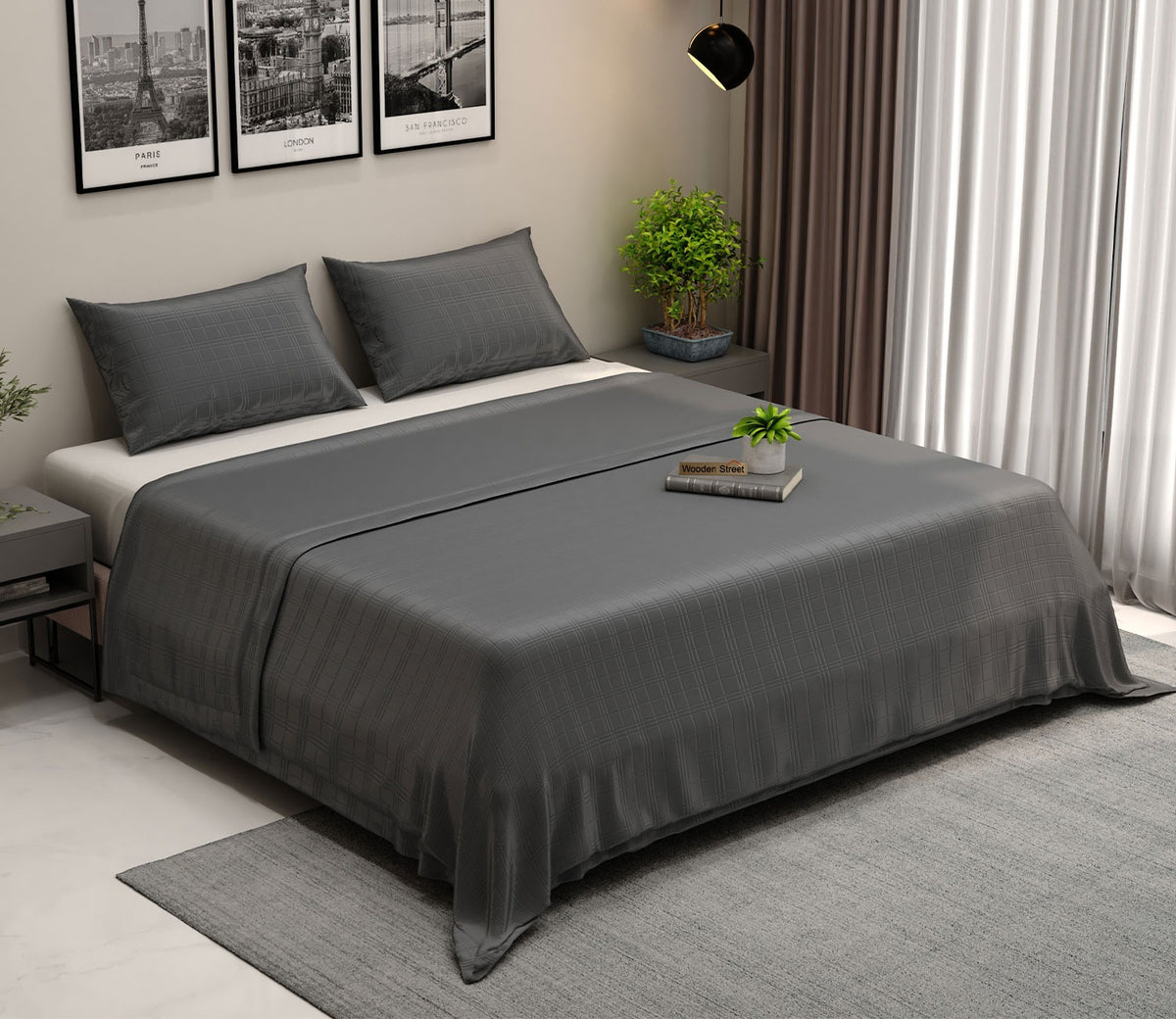 Vegan Dobby Organic Bamboo King Size Bed Sheet with 2 Pillowcases (Charcoal Grey)