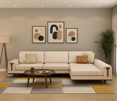 Nivas L-Shaped Sofa with Wooden Accents (Jade Ivory)