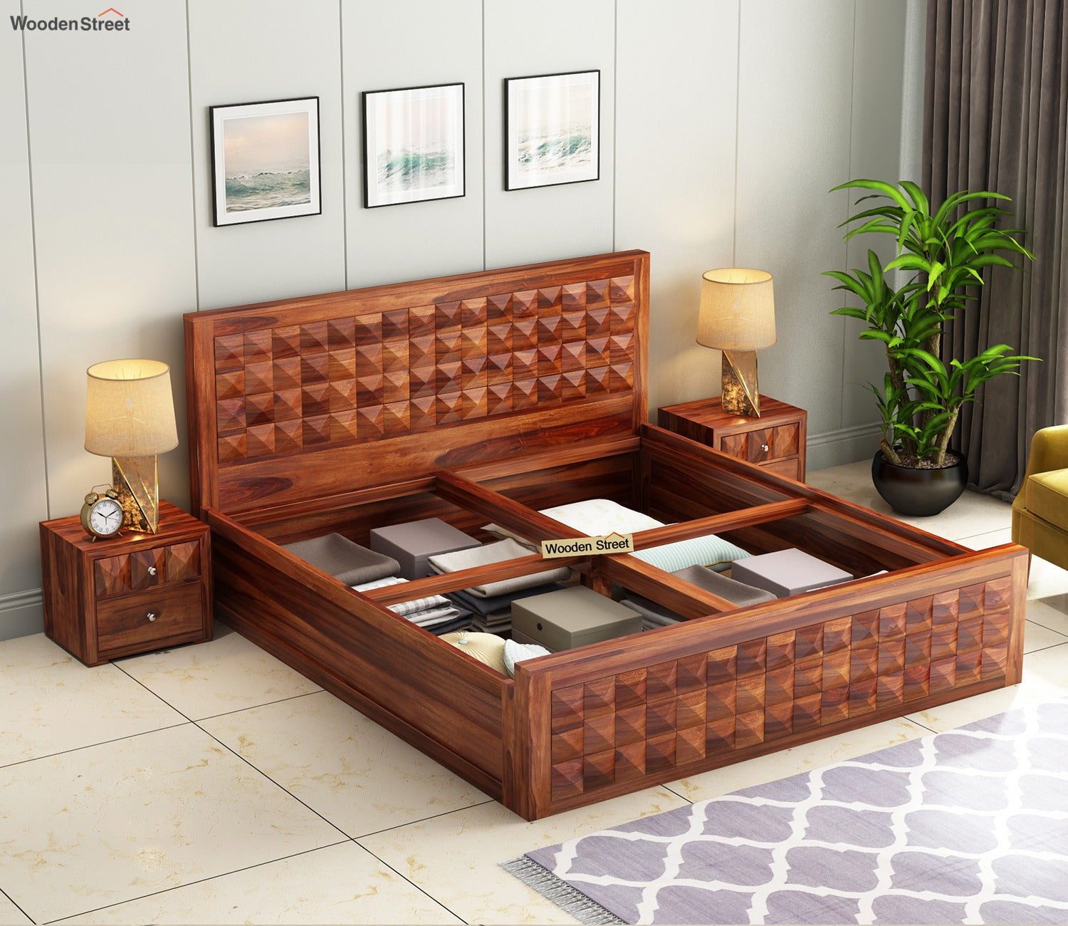 Morse Sheesham Wood Bed With Box Storage (Queen Size, Honey Finish)