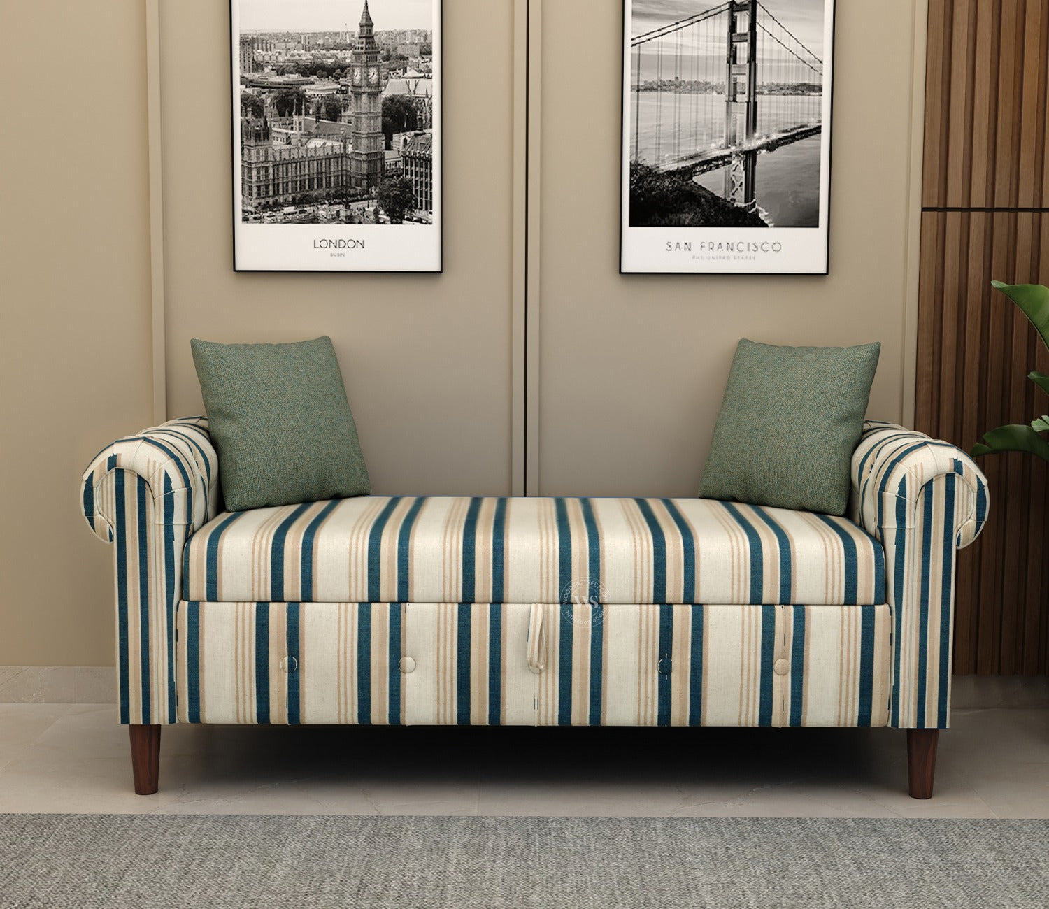 Velo Cushioned Hand Carved Sofa Bench With Hidden Storage (Blue Strip)