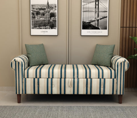 Velo Cushioned Hand Carved Sofa Bench With Hidden Storage (Blue Strip)