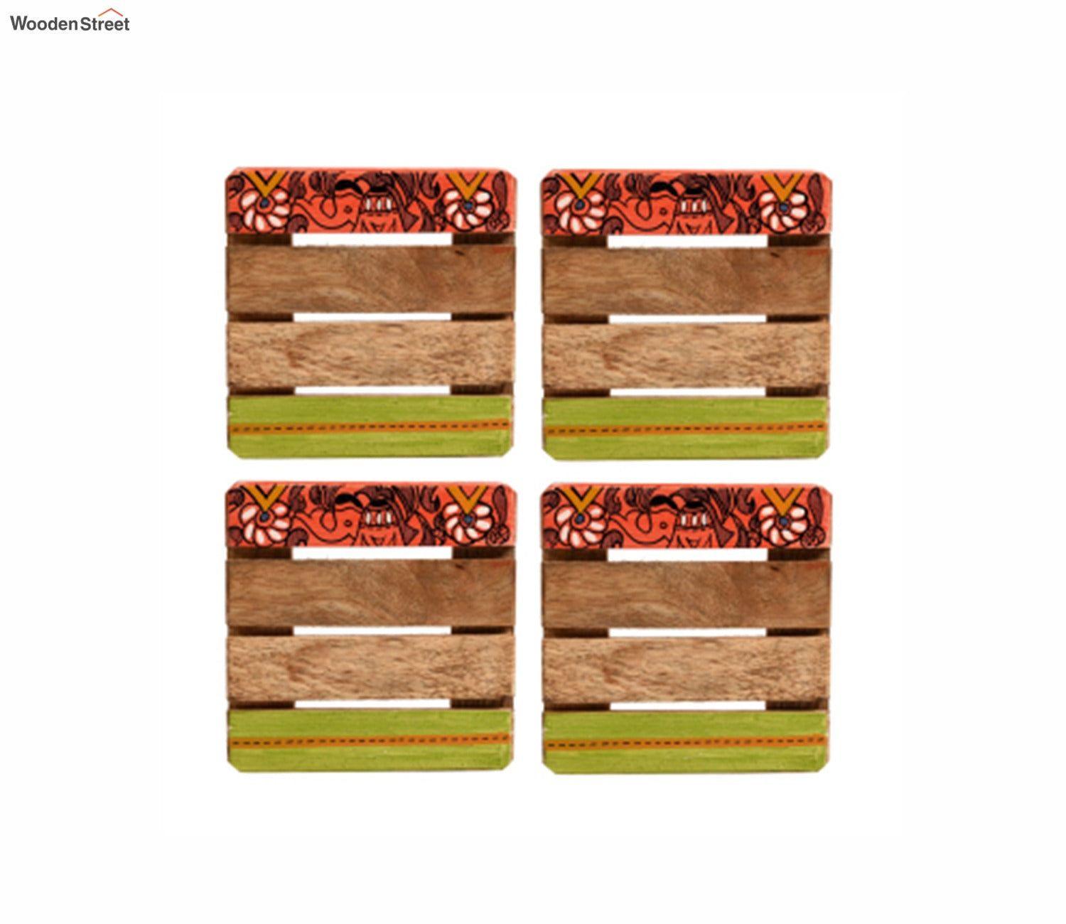 Madhubani Square Art Mangowood Handcrafted Coaster - Set of 4