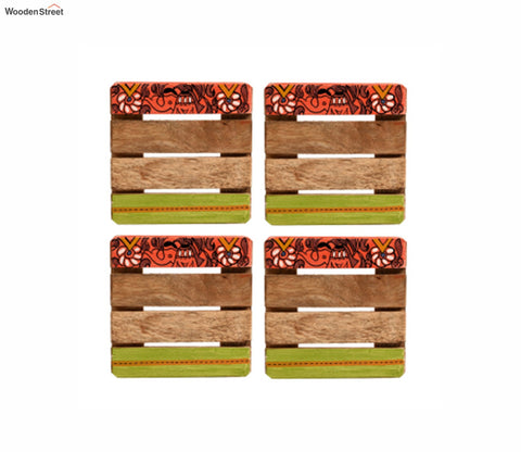Madhubani Square Art Mangowood Handcrafted Coaster - Set of 4