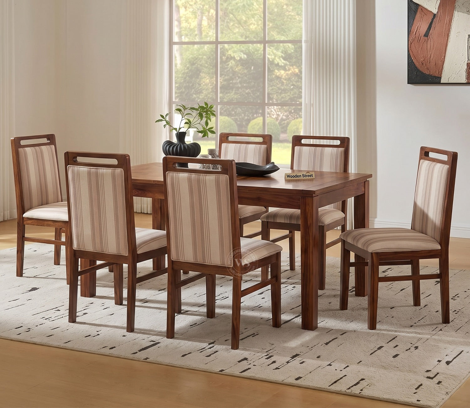 Taylor 6 Seater Dining Set with Tim Extendable Table and Hazel Dining Chair | Extendable from 4 to 6 Seater | Cream Stripe Fabric Cotton (Honey Finish)