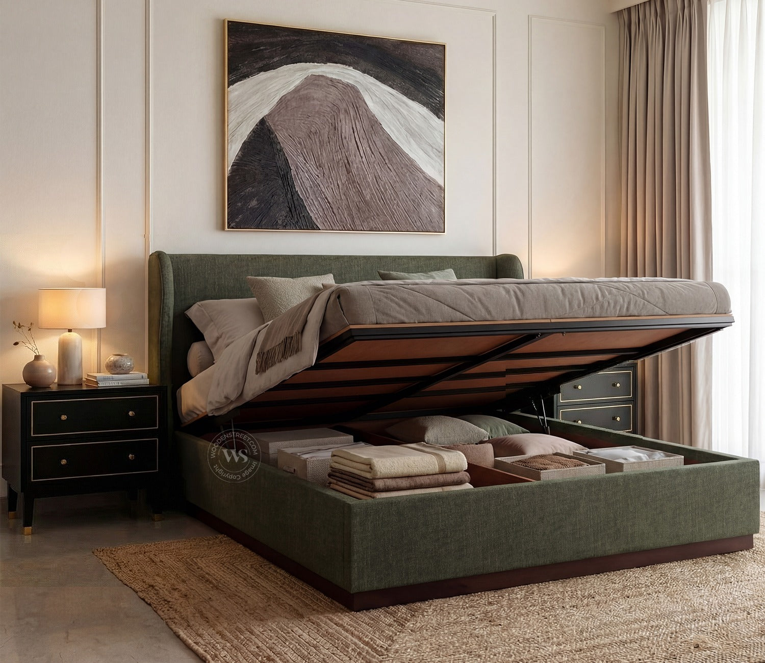 Adhiraj Luxurious Fabric Hydraulic Storage Bed with Plush Wingback Headboard (Queen Size, Sage Green)