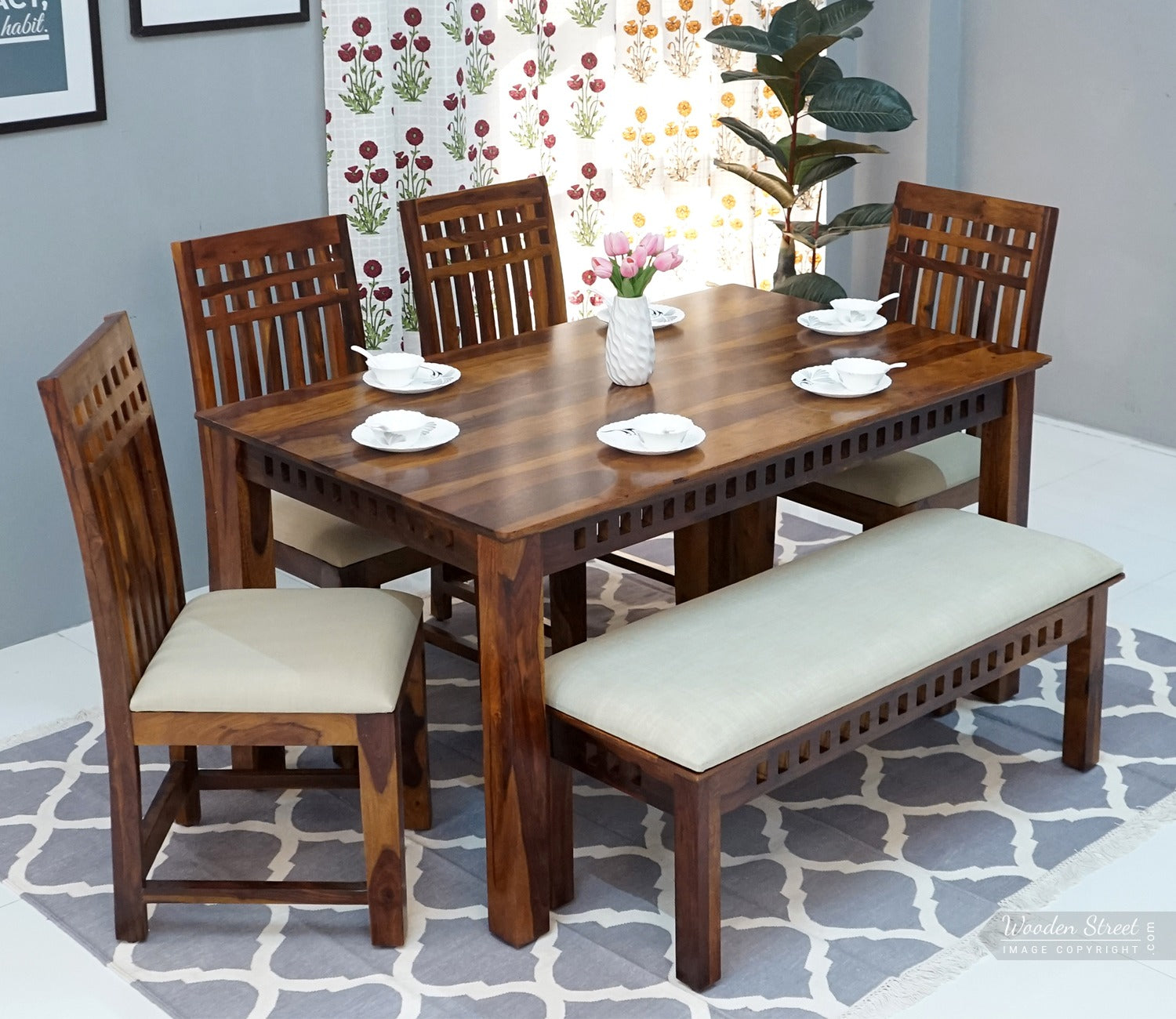 Adolph Dining Table 6 Seater Set With Bench (Honey Finish)