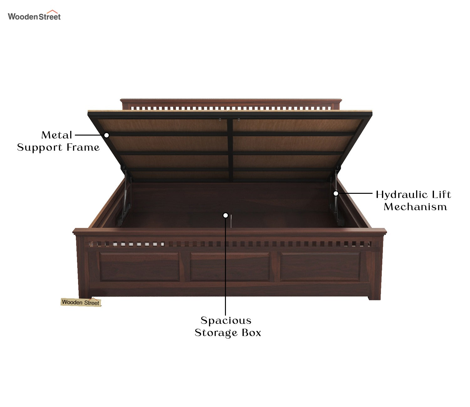 Adolph Sheesham Wood Hydraulic Storage Bed (Queen Size, Walnut Finish)