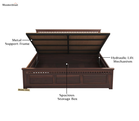 Adolph Sheesham Wood Hydraulic Storage Bed (Queen Size, Walnut Finish)