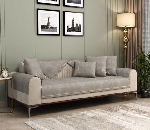Princeton 3 Seater Premium Sofa Cover with Shimmer Lace - Set of 9 (Latte Beige)