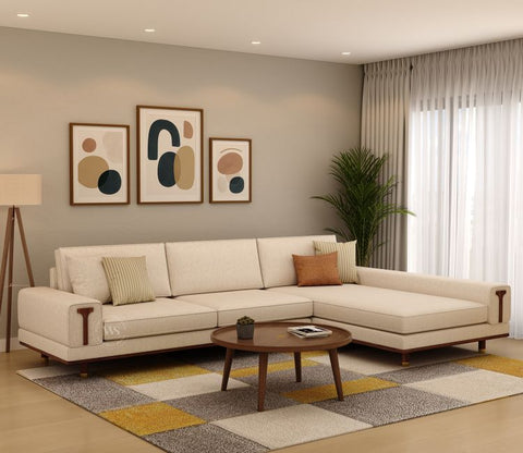 Nivas L-Shaped Sofa with Wooden Accents (Jade Ivory)