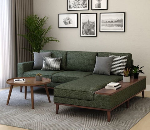 Ashion Premium Right Aligned L Shape Sofa with Built-in Side Wooden Deck (Sage Green)