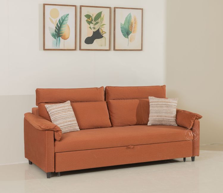 Bruna 3-Seater Convertible Sofa Cum Bed | Pull-Out Mechanism | Adjustable Backrest | Premium Fabric Upholstery | Space-Saving Design (Orange)