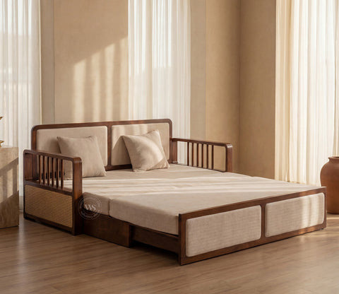 Vaastu 3-Seater Sheesham Wood Sofa Cum Bed in Premium Upholstery with Cane Weaving & Brass Accents (Teak Finish, Cottage Ivory)