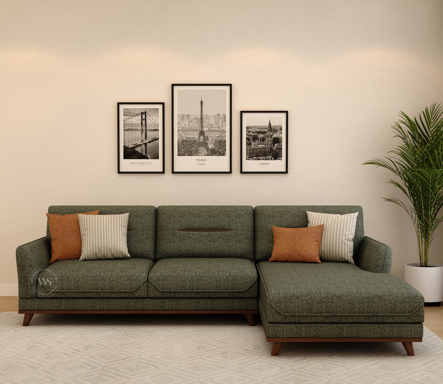 Alvaro L Shape 4 Seater Sofa with Wooden Accents (Sage Green)