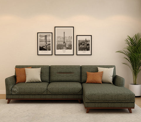 Alvaro L Shape 4 Seater Sofa with Wooden Accents (Sage Green)