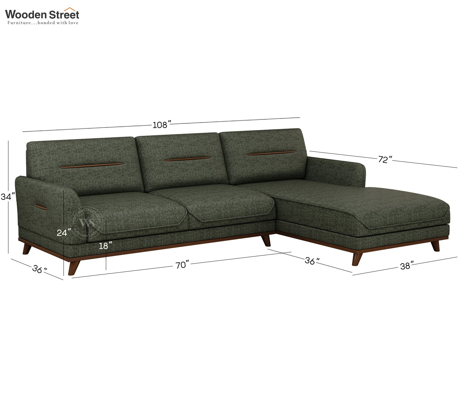 Alvaro L Shape 4 Seater Sofa with Wooden Accents (Sage Green)