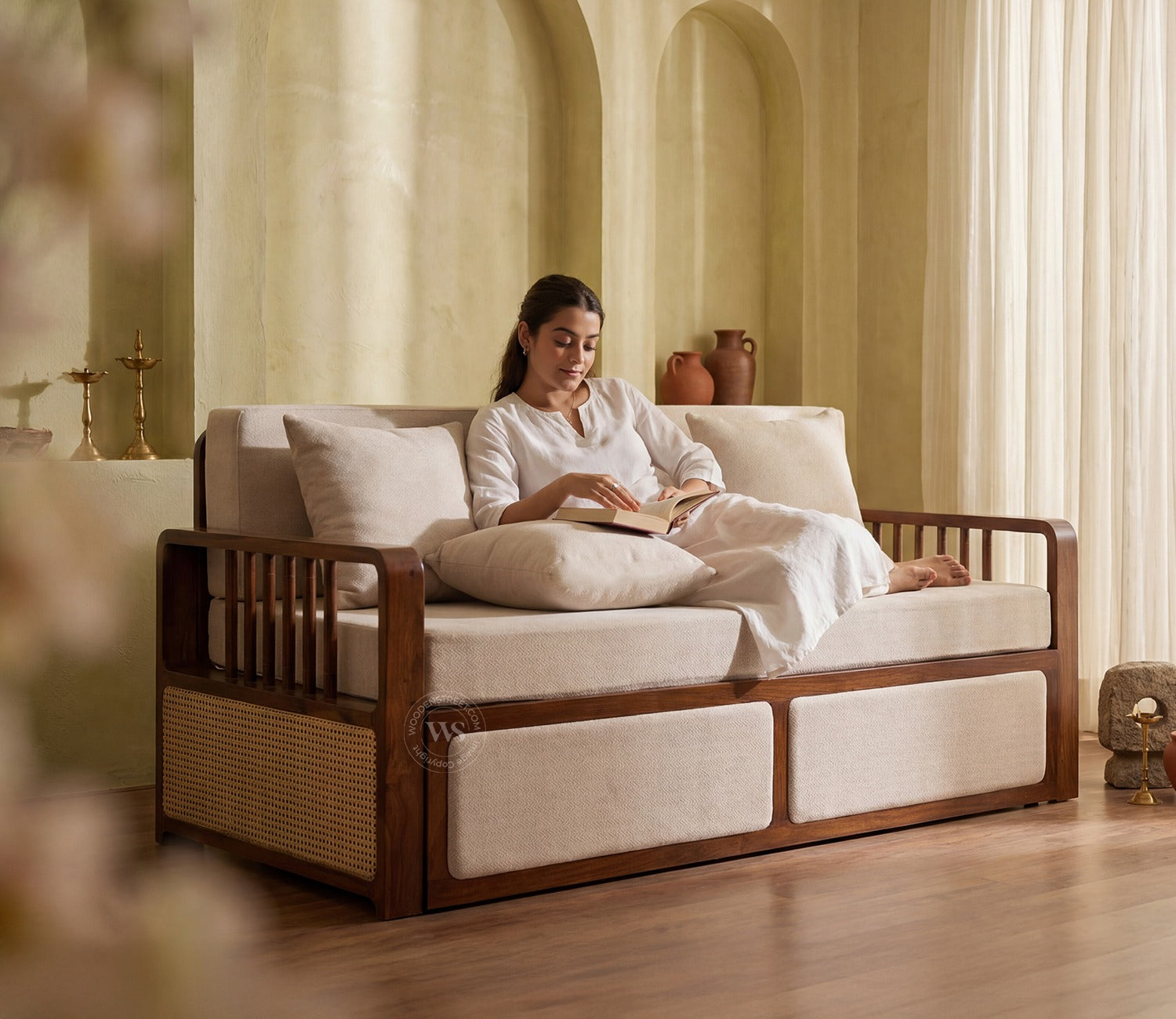 Vaastu 3-Seater Sheesham Wood Sofa Cum Bed in Premium Upholstery with Cane Weaving & Brass Accents (Teak Finish, Cottage Ivory)