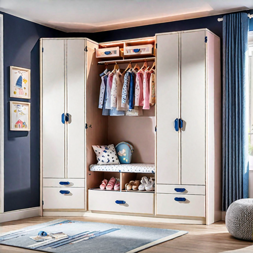 Trueliving 4 Door Corner Kids wardrobe Laminated Finish & PU Finish with Drawers (6Ft *2Ft *9Ft -1828.8MM X 609MM X 2743.2MM)