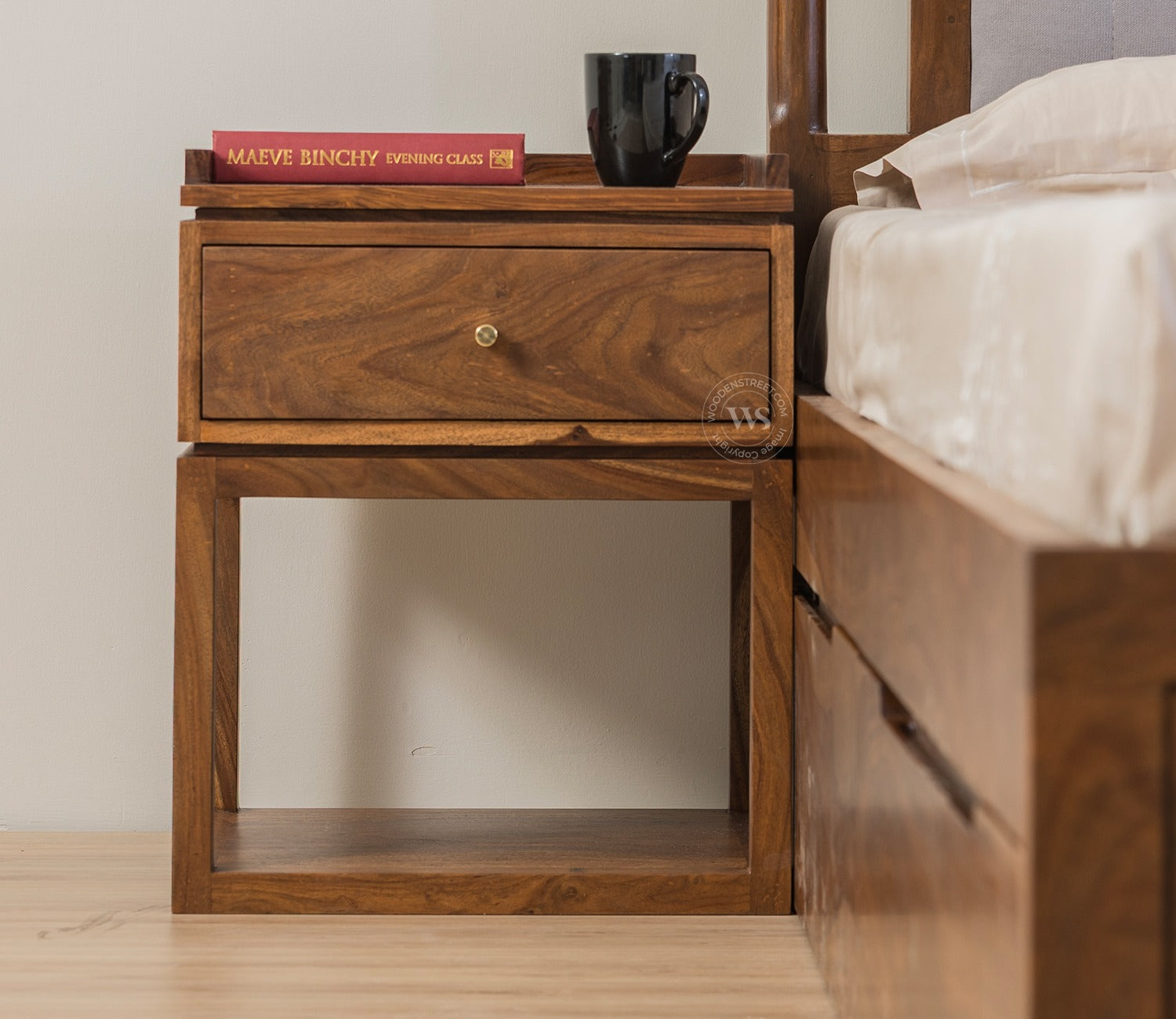 Anvay Sheesham Wood Bedside Table with Drawer & Open Shelf (Teak Finish)