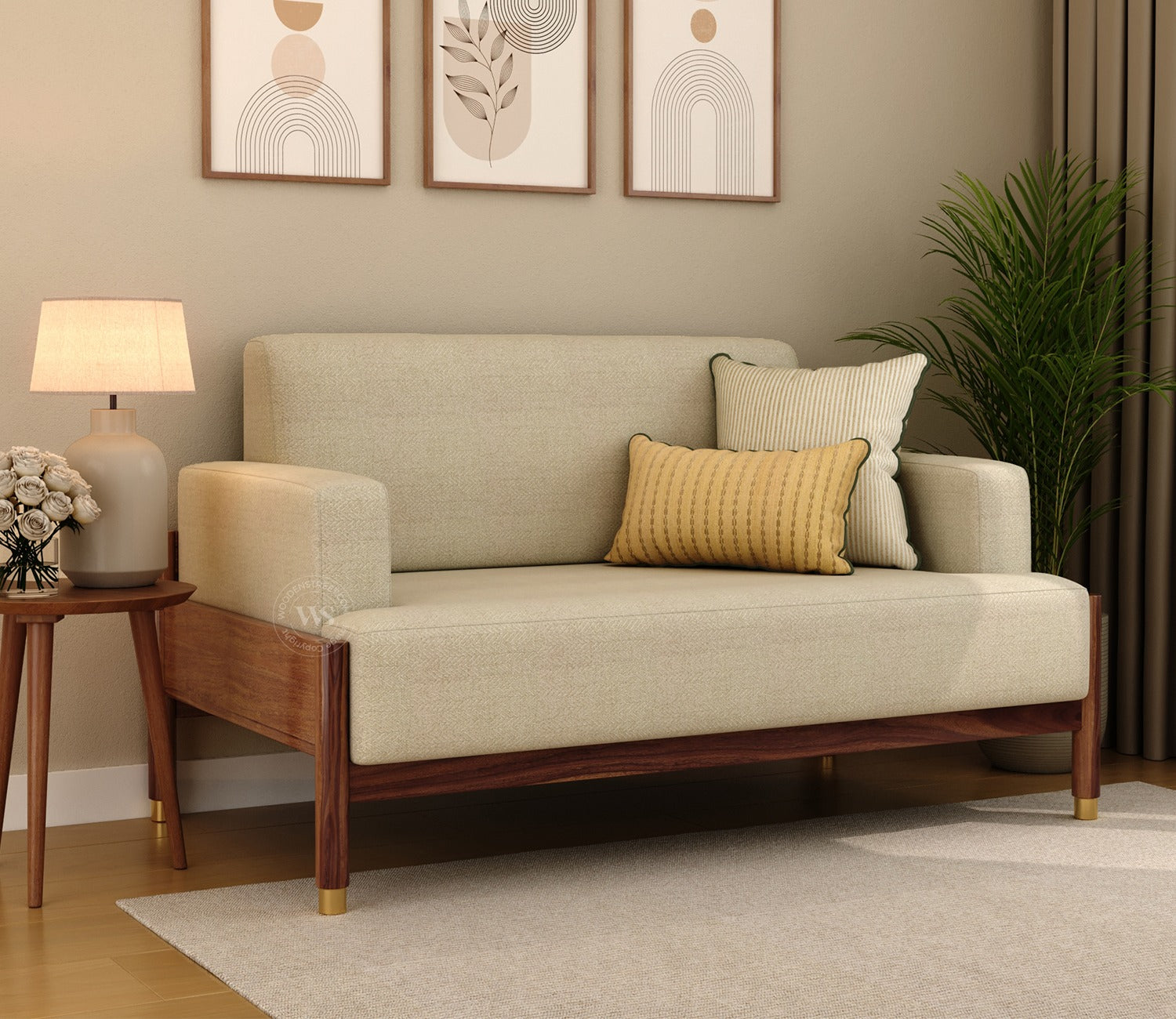 Kairav Modern 3+2 Wooden Sofa Set with Premium Upholstery (Cottage Ivory)
