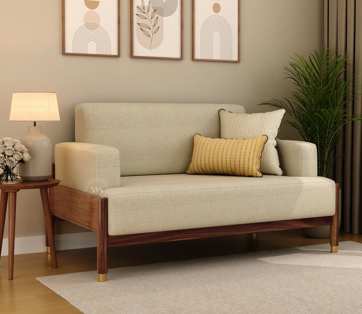 Kairav Modern 2 Seater Wooden Sofa with Premium Upholstery (Cottage Ivory)