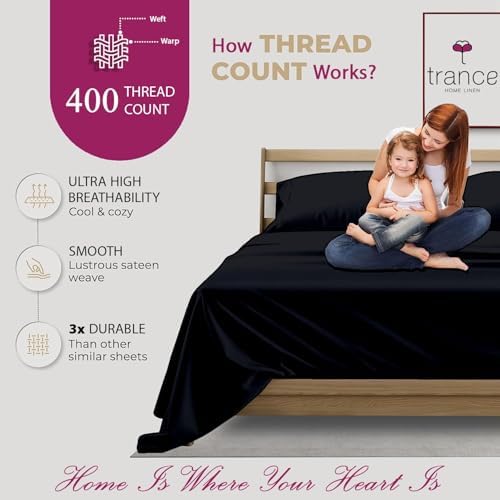Trance Home Linen Pure 100% Cotton 400TC Plain King Size Bedsheet with 2 Pillow Covers (108 x 108 Inch | 9ft x 9ft, Black)