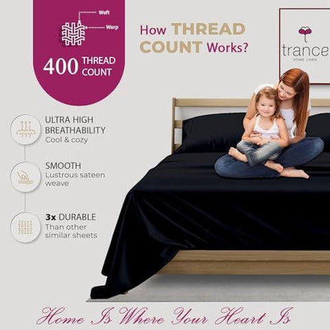Trance Home Linen Pure 100% Cotton 400TC Plain King Size Bedsheet with 2 Pillow Covers (108 x 108 Inch | 9ft x 9ft, Black)