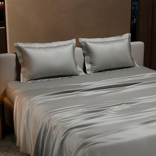 Stoa Paris Satin Bedsheet King Size with 2 Pillow Covers, 300TC Premium Bedsheets King Size, Home Decor, Ultimate Comfort, 274 cm x 228 cm, Date Night - Harbour Mist Grey