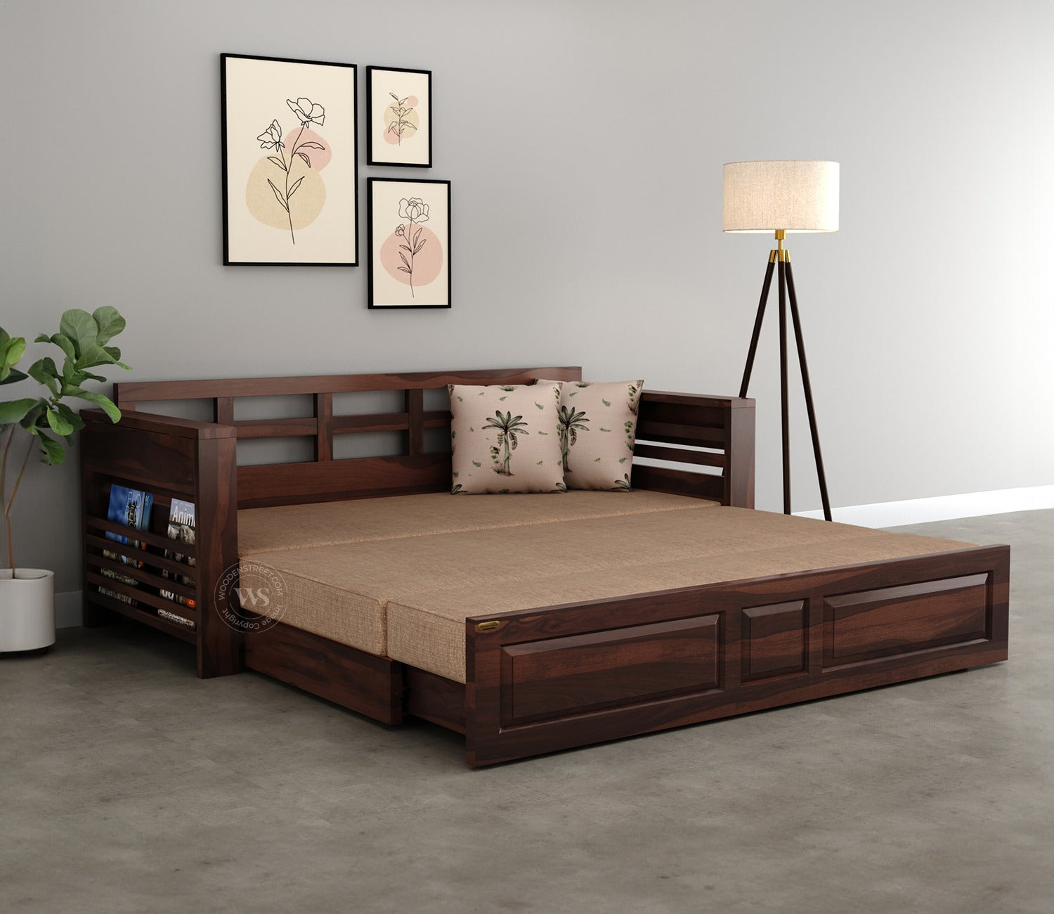 Feltro Sheesham Wood Sofa Bed With Storage (King Size, Walnut Beach Cream)