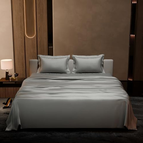 Stoa Paris Satin Bedsheet King Size with 2 Pillow Covers, 300TC Premium Bedsheets King Size, Home Decor, Ultimate Comfort, 274 cm x 228 cm, Date Night - Harbour Mist Grey