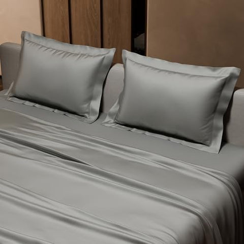 Stoa Paris Satin Bedsheet King Size with 2 Pillow Covers, 300TC Premium Bedsheets King Size, Home Decor, Ultimate Comfort, 274 cm x 228 cm, Date Night - Harbour Mist Grey