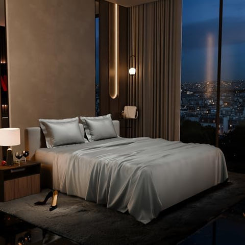 Stoa Paris Satin Bedsheet King Size with 2 Pillow Covers, 300TC Premium Bedsheets King Size, Home Decor, Ultimate Comfort, 274 cm x 228 cm, Date Night - Harbour Mist Grey