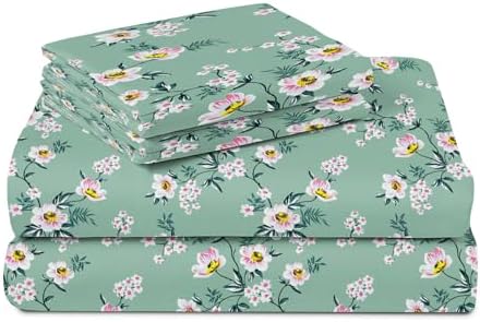 BSB HOME 100% Cotton Feel Double Bed Bedsheet Set | 144 TC Soft & Breathable | Mint Green White Flower Print with 2 Pillow Covers | Wrinkle Free | for Bedroom (90 x 90 Inches)