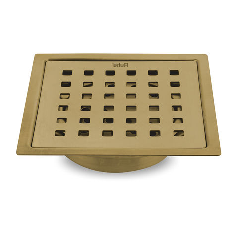 Trueliving_Pearl Silver Square Flat Cut Floor Drain in Yellow Gold PVD Coating (5 x 5 Inches)