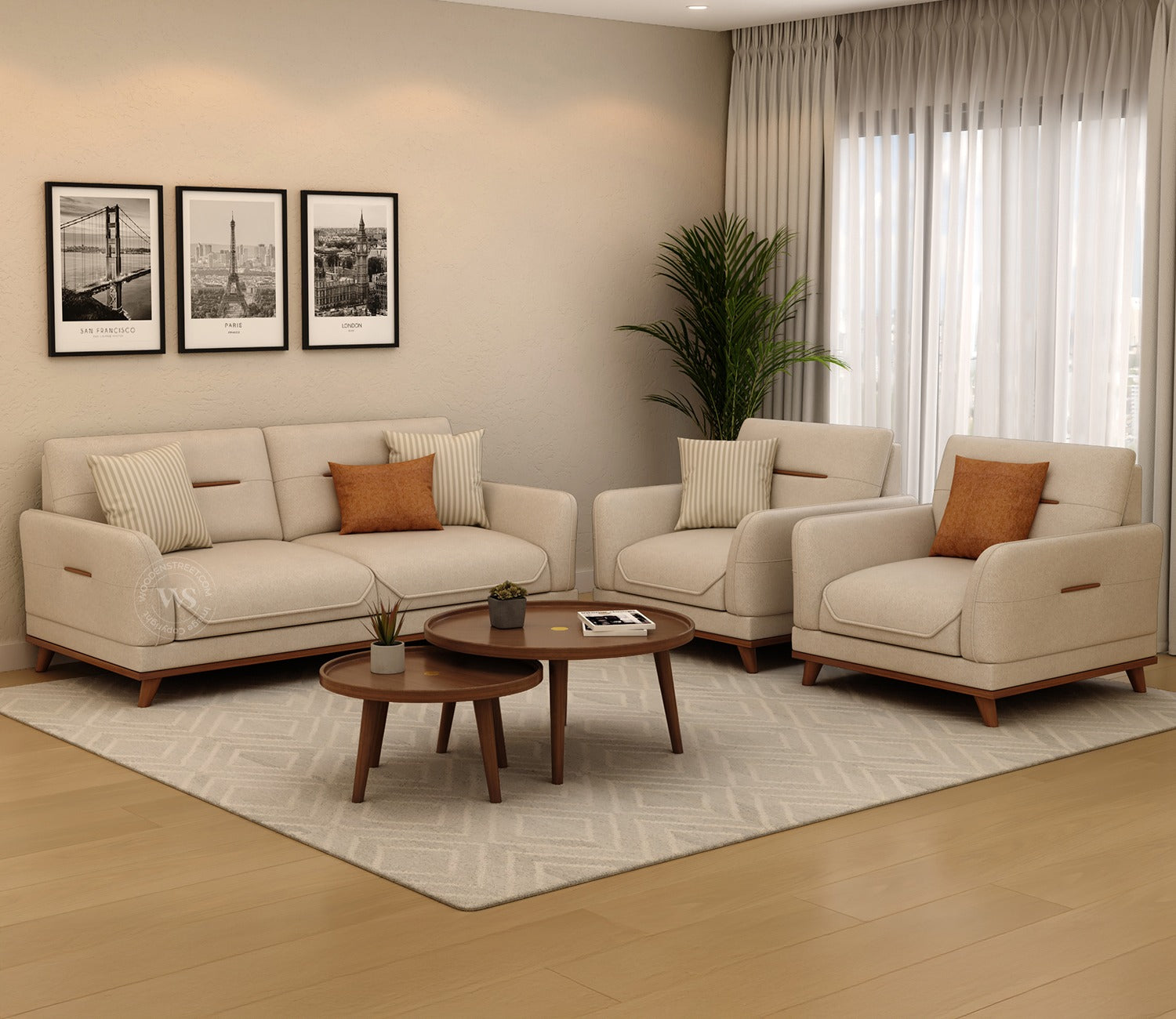 Alvaro 3+1+1 Seater Fabric Sofa with Wooden Accents (Cottage Ivory)