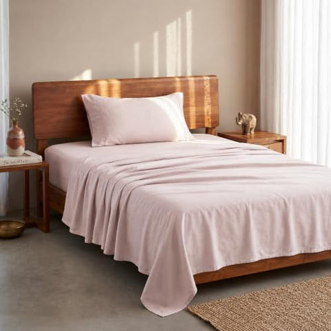 LANE LINEN Bedsheets for Single Bed - 100% Organic Cotton Flat Sheet Set, Soft Breathable Fabric, Oeko-TEX Certified, Comfortable Single Bedsheet with Pillow Cover - Sepia Rose