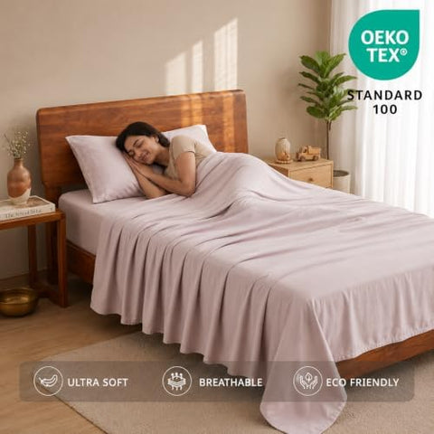 LANE LINEN Bedsheets for Single Bed - 100% Organic Cotton Flat Sheet Set, Soft Breathable Fabric, Oeko-TEX Certified, Comfortable Single Bedsheet with Pillow Cover - Sepia Rose