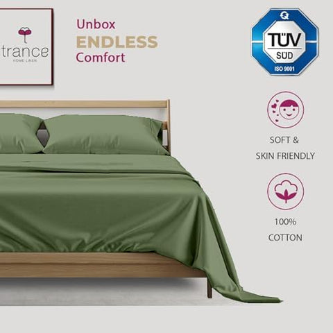 Trance Home Linen Pure 100% Cotton 400TC Plain King Size Bedsheet with 2 Pillow Covers (108 x 108 Inch | 9ft x 9ft, Green)