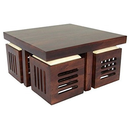 Trueliving Wood Brown Table Stool (Table H 30 x W 34 x D 18 Stool H 18 x W 16 x D 14)
