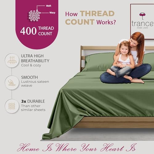 Trance Home Linen Pure 100% Cotton 400TC Plain King Size Bedsheet with 2 Pillow Covers (108 x 108 Inch | 9ft x 9ft, Green)